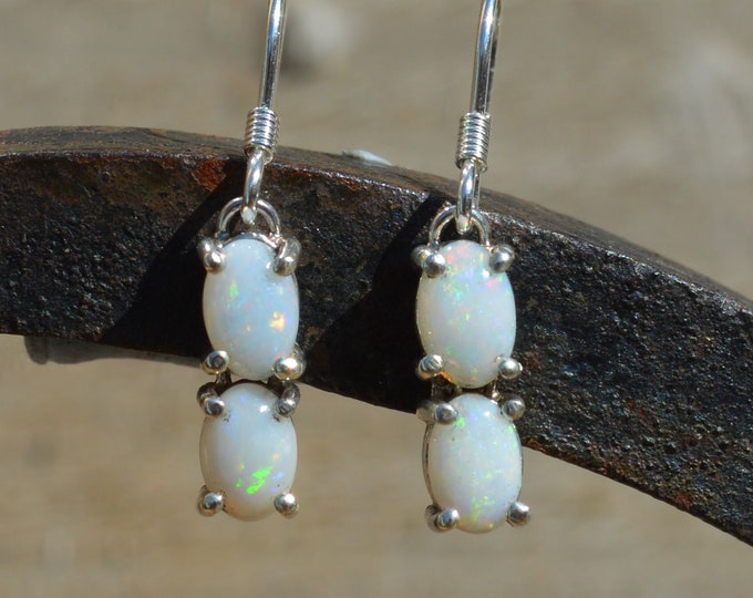 Dainty Oval Australian Opal and Silver Drop Earrings