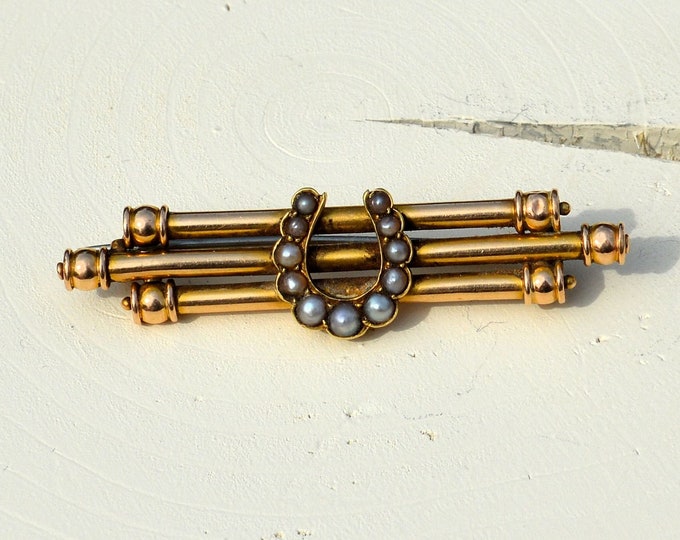 15ct Gold Bar Brooch, Seed Pearl Bar Pin, Gold Horseshoe Brooch, Antique Jewellery, Gifts For Her, Equestrian Lovers