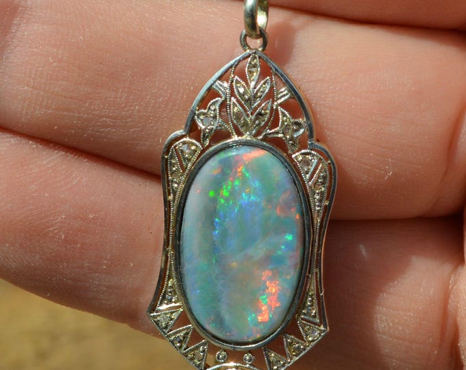 Art Deco 14ct Gold Opal and Diamond Pendant, Opal Doublet