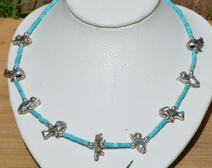 Silver and Turquoise Necklace, Solid Silver Fetish Necklace, Unique Bead and Animal Necklace, December Birthstone