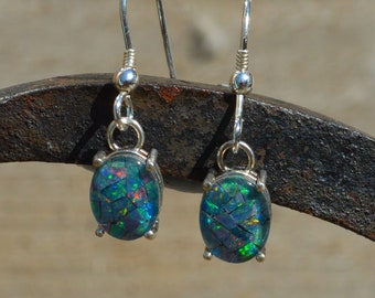 Boucles d'oreilles en argent sterling Triplet Opal Dangle, Oval Australian Triplet Opals