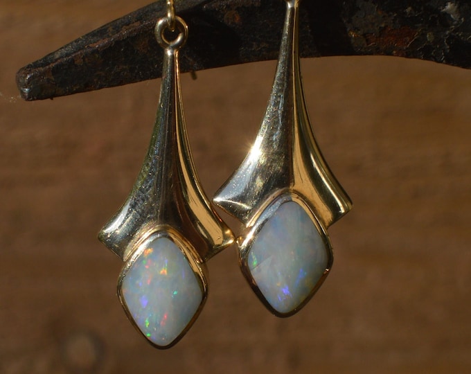 Long 9ct Gold and Australian Opal Drop Earrings