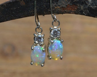 White Gold Opal and Diamond Earrings, 9ct Gold Opal Dangle Earrings, October Birthstone Gift, Bridal Earrings, Australian Crystal Opal