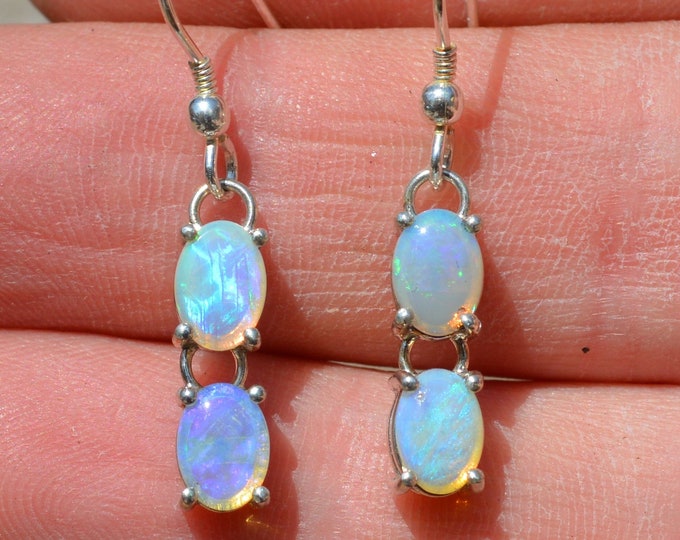 Sterling Silver and Opal Drop Earrings, Australian Crystal Opal