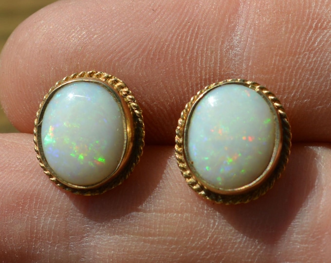 Large 9ct Gold Opal Stud Earrings, Australian Crystal Opal