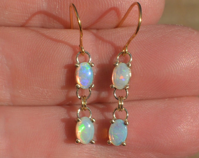 Dainty 9ct Gold Australian Crystal Opal Drop Earrings, Coober Pedy Opal