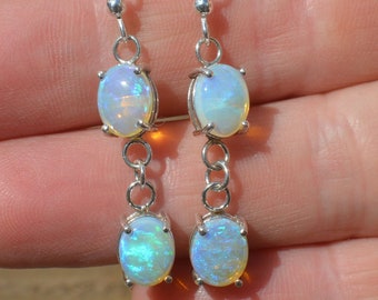 Long Silver Australian Opal Oval Dangle Earrings, Blue and Green Crystal Opals