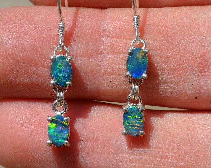 Dainty Sterling Silver Opal Dangle Earrings, Australian Crystal Opal Doublets