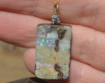 9ct Gold Boulder Opal and Diamond Necklace, Unique Australian Opal