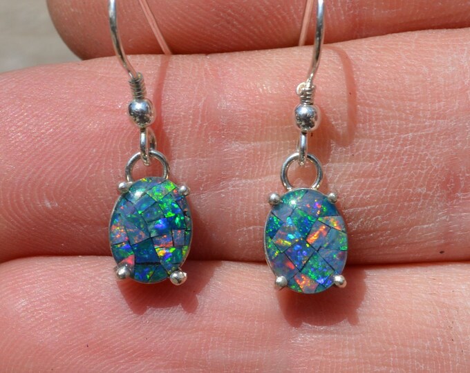 Sterling Silver Triplet Opal Dangle Earrings, Oval Australian Triplet Opals