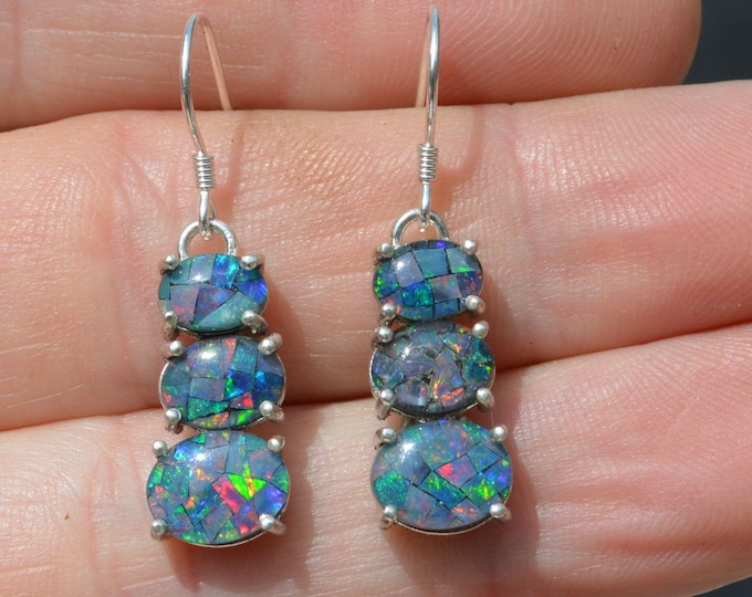 Sterling Silver Triplet Opal Dangle Earrings, Oval Australian Triplet Opals