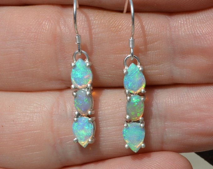 Long Silver Australian Opal Teardrop Dangle Earrings, Blue and Green Crystal Opals