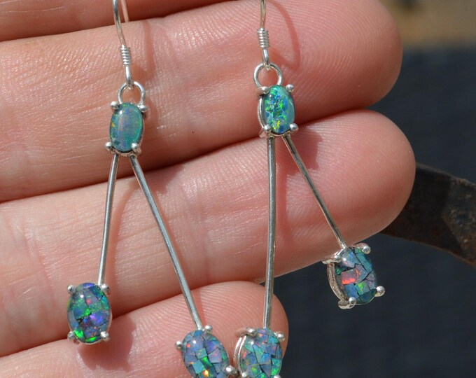 Long Silver Australian Opal Dangle Earrings, Oval Mosaic Opal Triplets