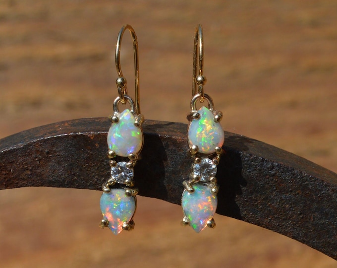 9ct Yellow Gold,  Crystal Opal and Diamond Earrings, Teardrop Opals