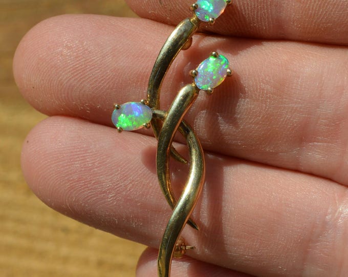 Vintage 9ct Yellow Gold and Crystal Opal Brooch, Green and Blue