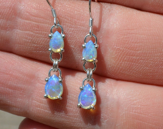 Long Silver and Opal Drop Earrings, Australian Crystal Opal