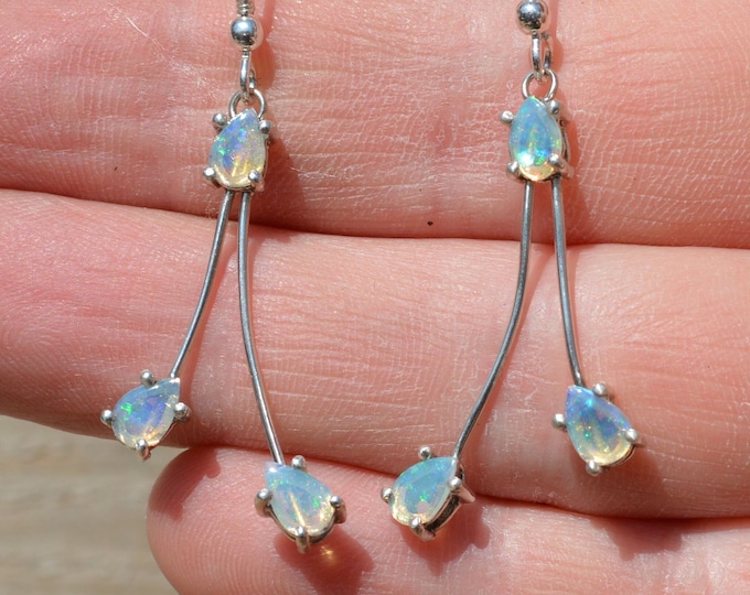 Long Silver Australian Opal Dangle Earrings, Teardrop Crystal Opal
