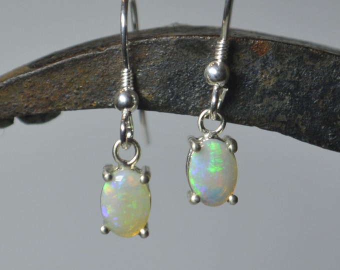Silver Australian Opal Dangle Earrings, Oval Opal Drops, Dainty Fire Opal Drop Earrings For Wife, October Birthstone