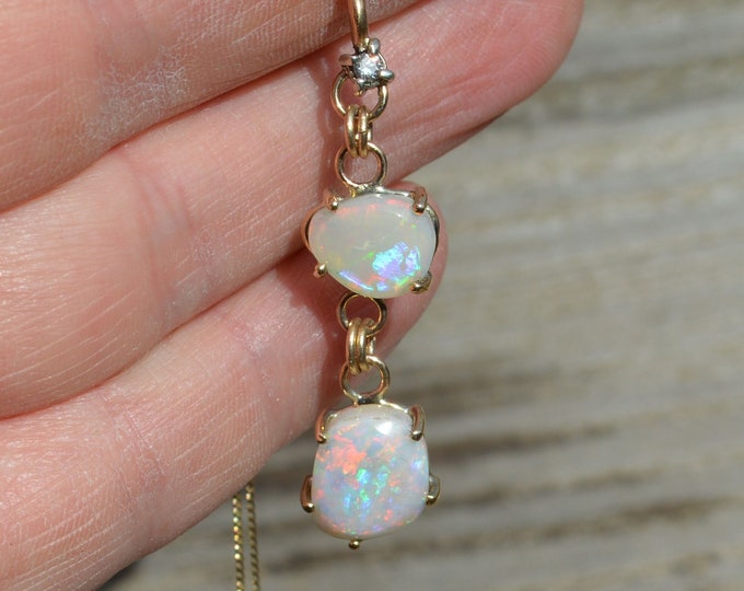 Handmade Long 9ct Gold Australian Opal and Diamond Pendant