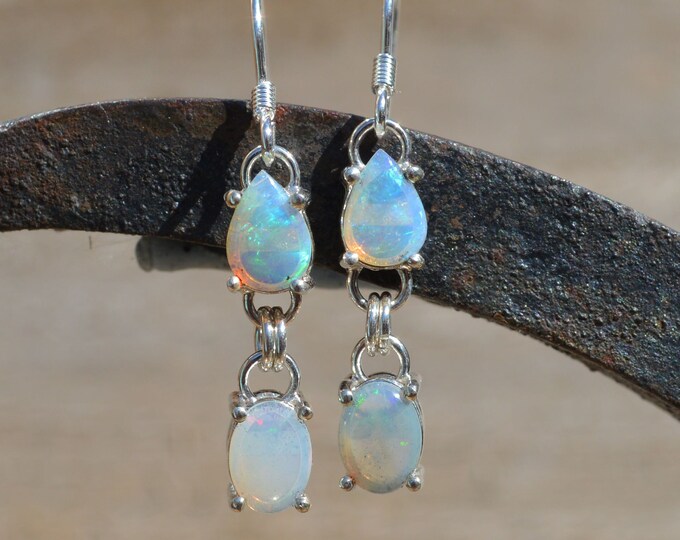 Long Silver and Opal Drop Earrings, Australian Crystal Opal