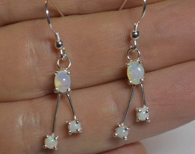 Long Silver Australian Opal Dangle Earrings, Oval Crystal Opal Drops, October Birthstone, Opal Earring Gift For Wife