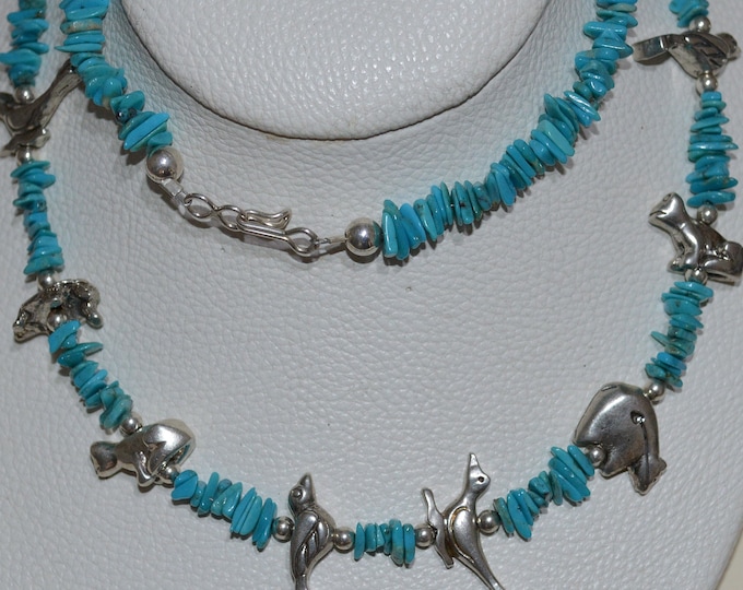 Vintage Turquoise and Silver Fetish Necklace, Long Natural Turquoise Nugget Necklace, December Birthstone, Gifts For Her