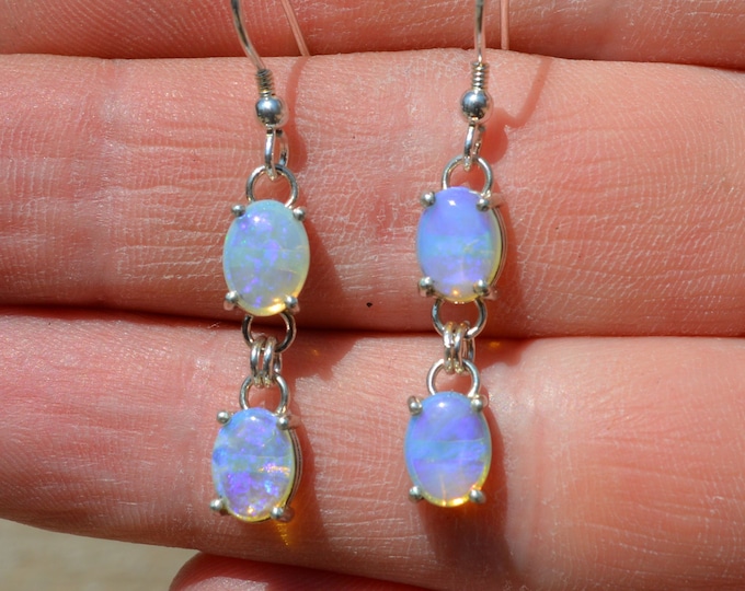 Long Silver and Opal Drop Earrings, Australian Crystal Opal