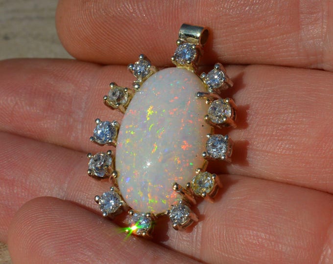 18ct Gold Opal Diamond Halo Pendant Necklace, Handmade UK, 13.4 Carat High Dome Opal