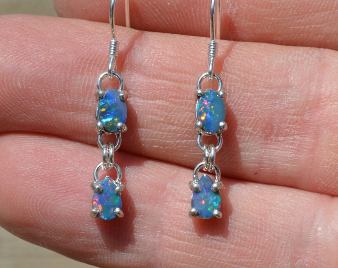 Dainty Sterling Silver Opal Dangle Earrings, Australian Crystal Opal Doublets