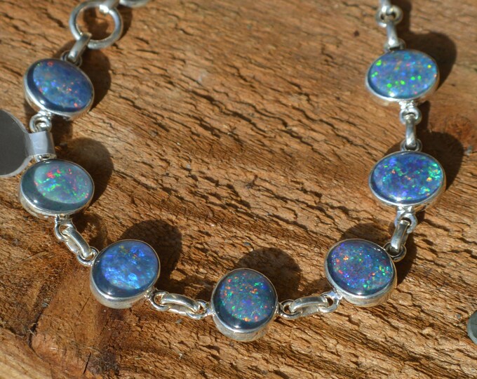 Sterling Silver Opal Bracelet, Oval Australian Crystal Opal Doublets