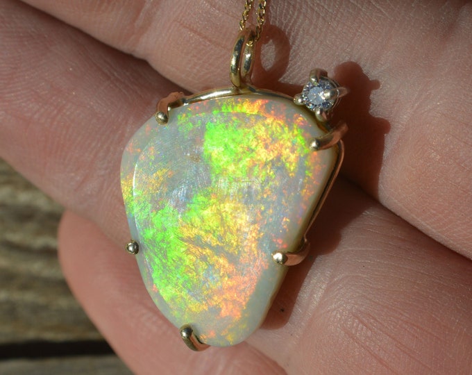 Large 9ct Gold Australian Opal and Diamond Pendant