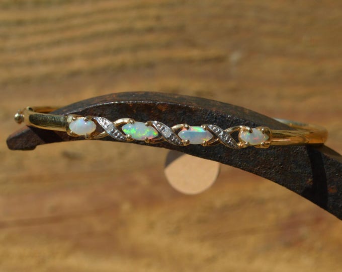 9ct Gold Opal and Diamond Bangle, Marquise Opal