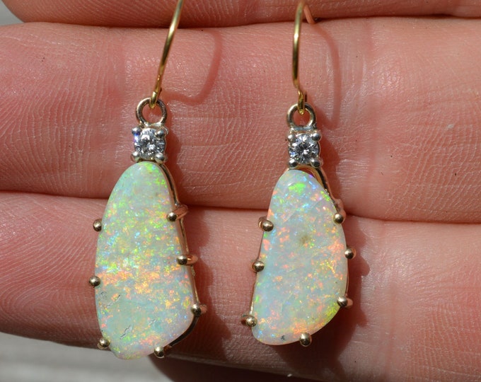 9ct Gold Opal and Diamond Drop Earrings, Australian Opal