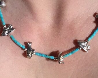 Silver and Turquoise Necklace, Solid Silver Fetish Necklace, Unique Bead and Animal Necklace, December Birthstone