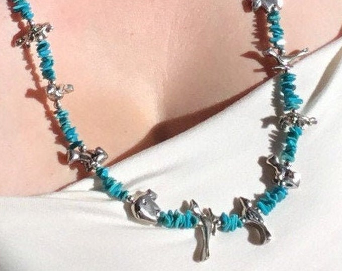 Vintage Turquoise and Silver Fetish Necklace, Long Natural Turquoise Nugget Necklace, December Birthstone, Gifts For Her