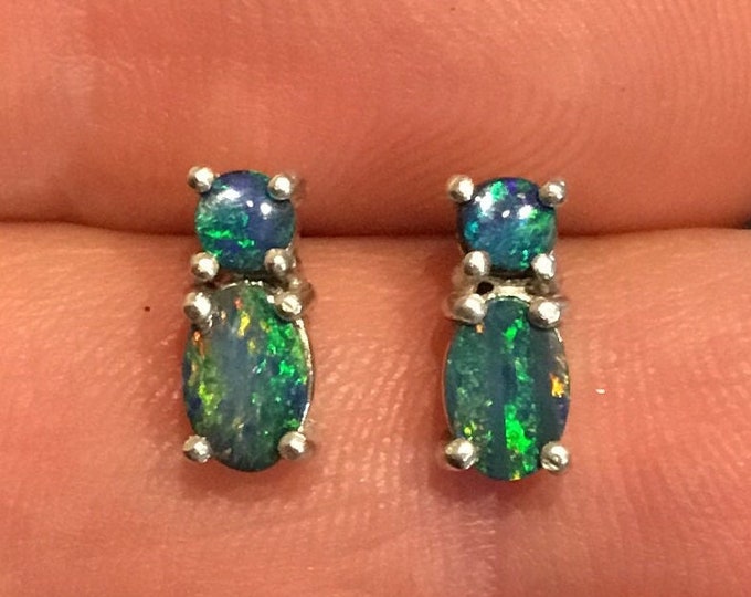 Silver Blue Opal Earrings, Australian Opal Doublet Stud Earrings, Oval and Round Studs, Sterling Silver Stud, Gifts For Her