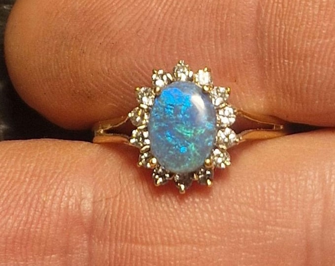 18ct Gold Opal and Diamond Halo Ring, Australian Opal