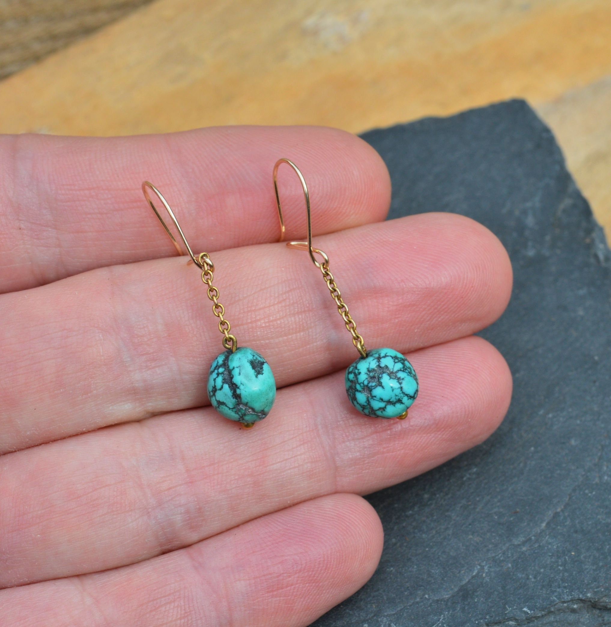 Antique 9ct Gold Turquoise Earrings Blue Dangle Earrings Genuine