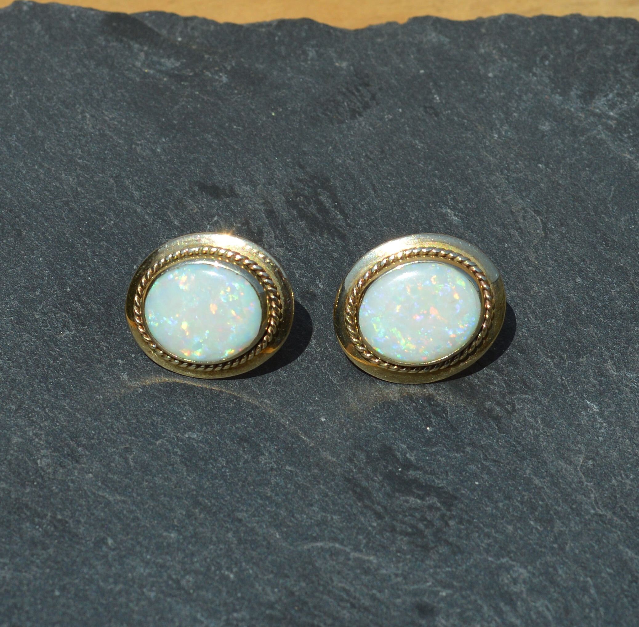 Large 9ct Gold Opal Clip on Earrings, non pierced ears