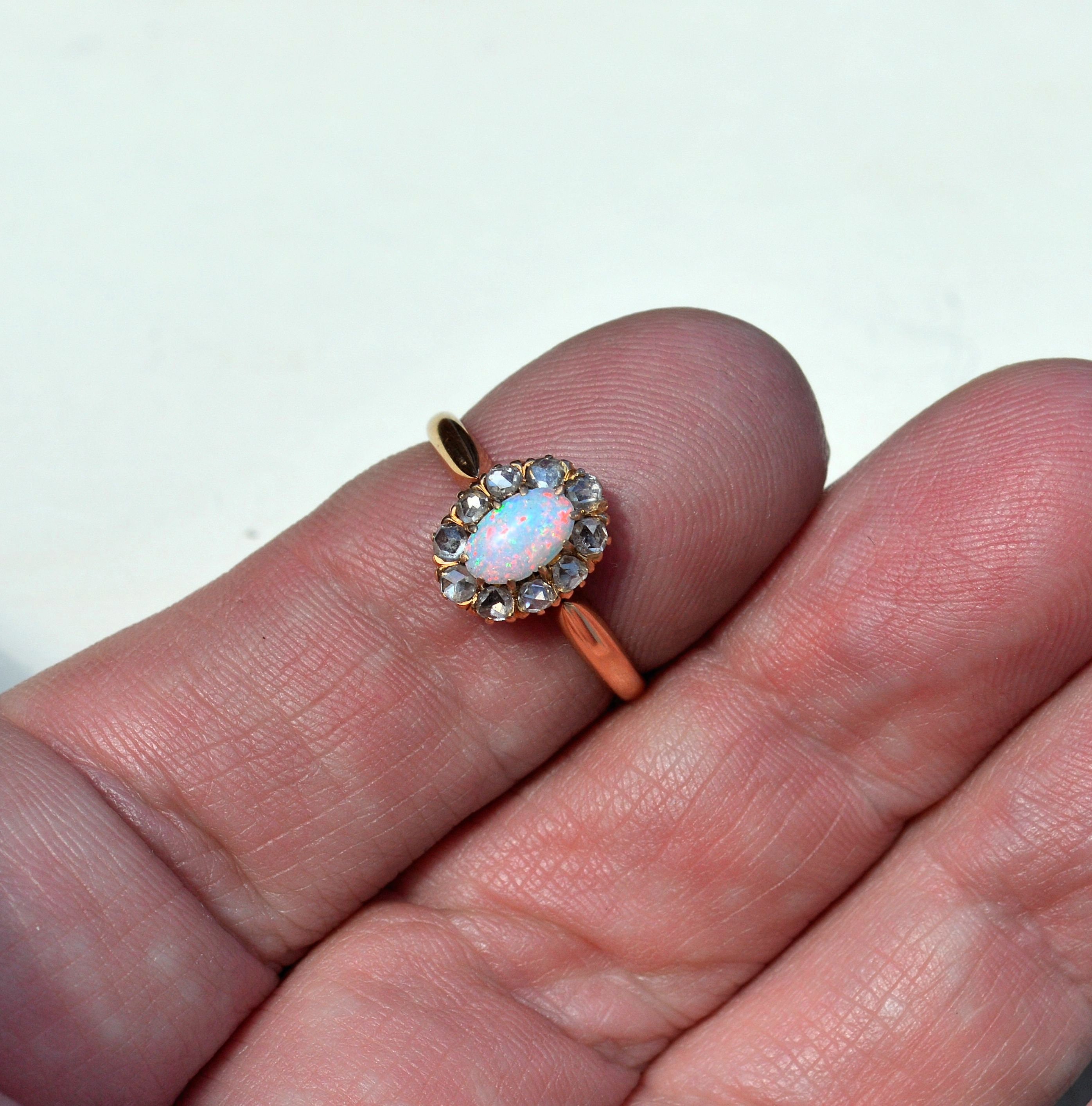 Antique 18ct Rose Gold Opal and Diamond Ring, Old Rose Cut Diamonds c1898