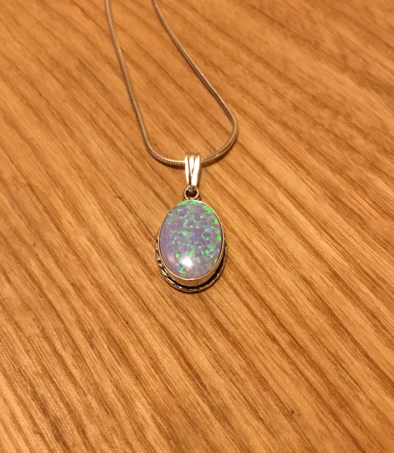 Sterling Silver Lab Opal Pendant and Chain