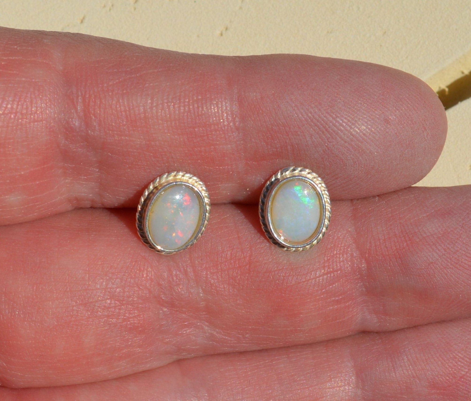 Silver Rope Edge Opal Earrings, Australian Opal