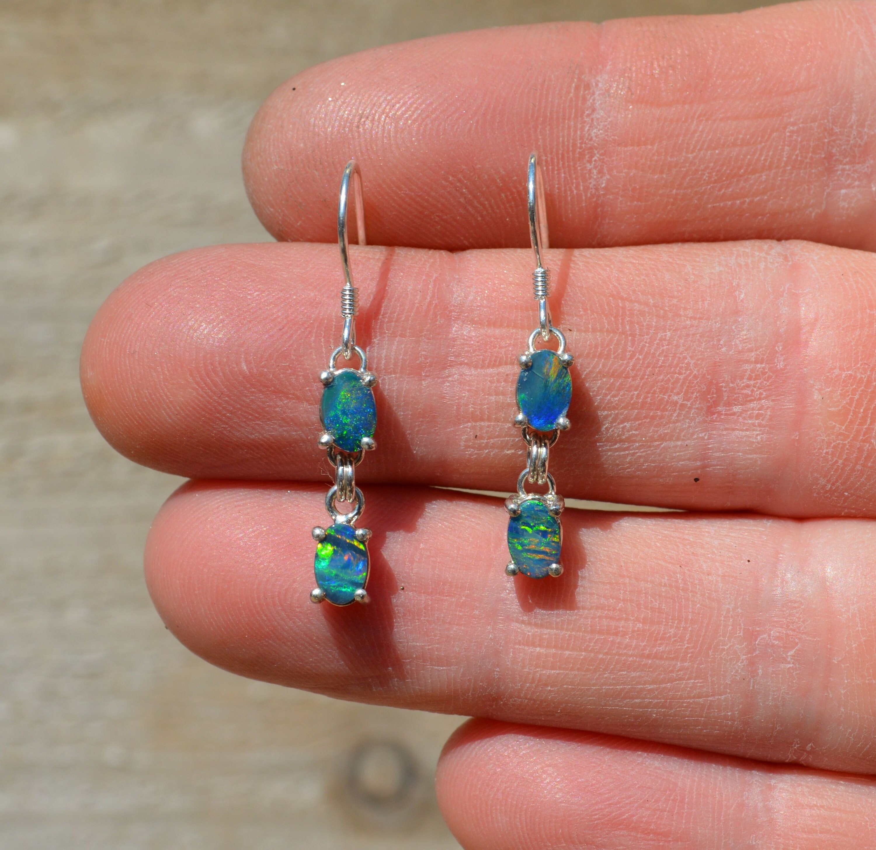 Dainty Sterling Silver Opal Dangle Earrings Australian Crystal Opal Doublets