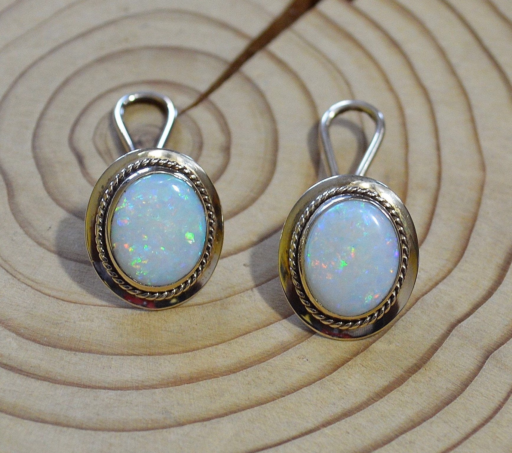 Large 9ct Gold Opal Clip on Earrings, non pierced ears