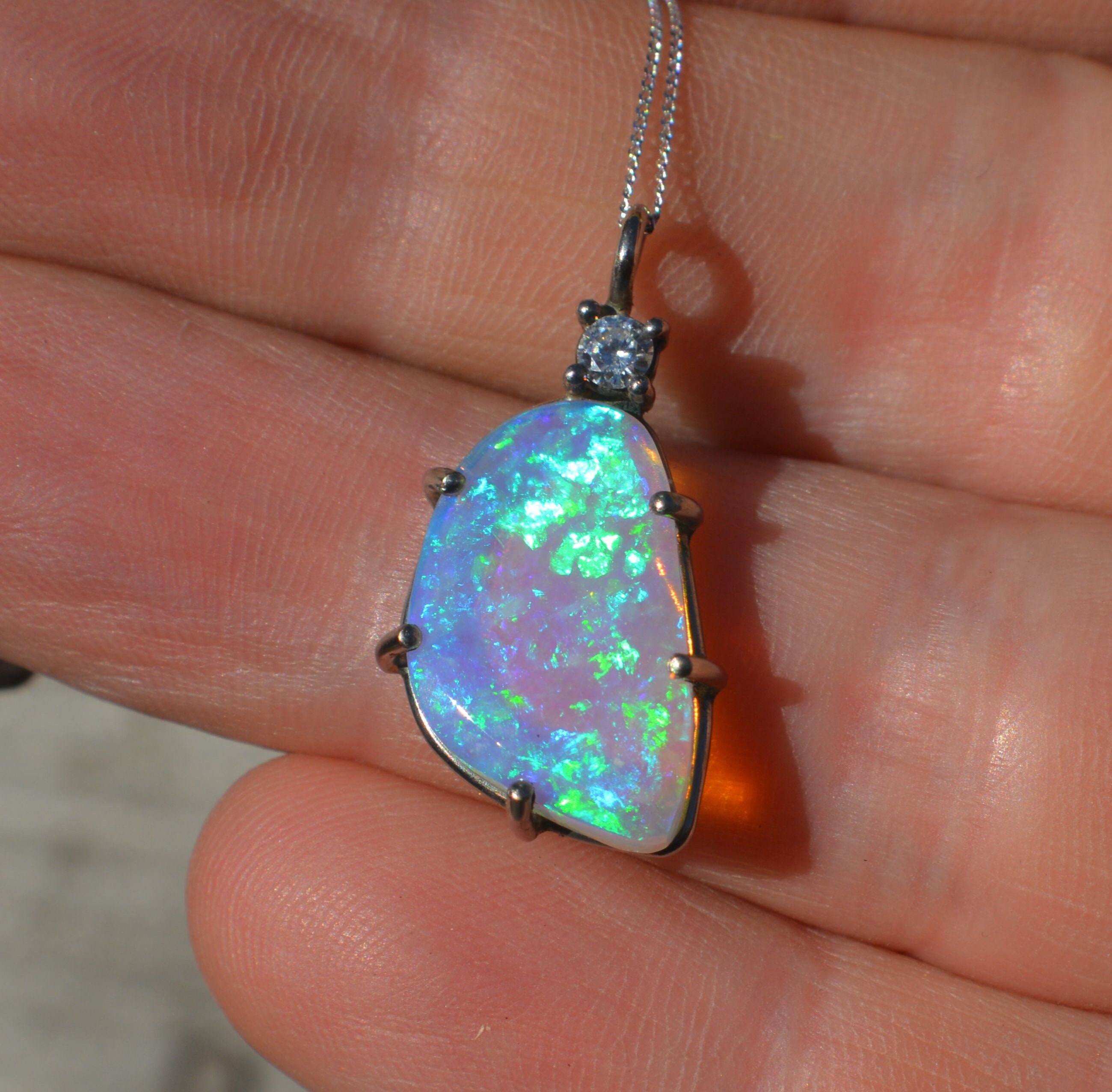 Gold Blue Opal Pendant, 18ct White Gold Crystal Opal Australian Opal, Handmade Gifts, October