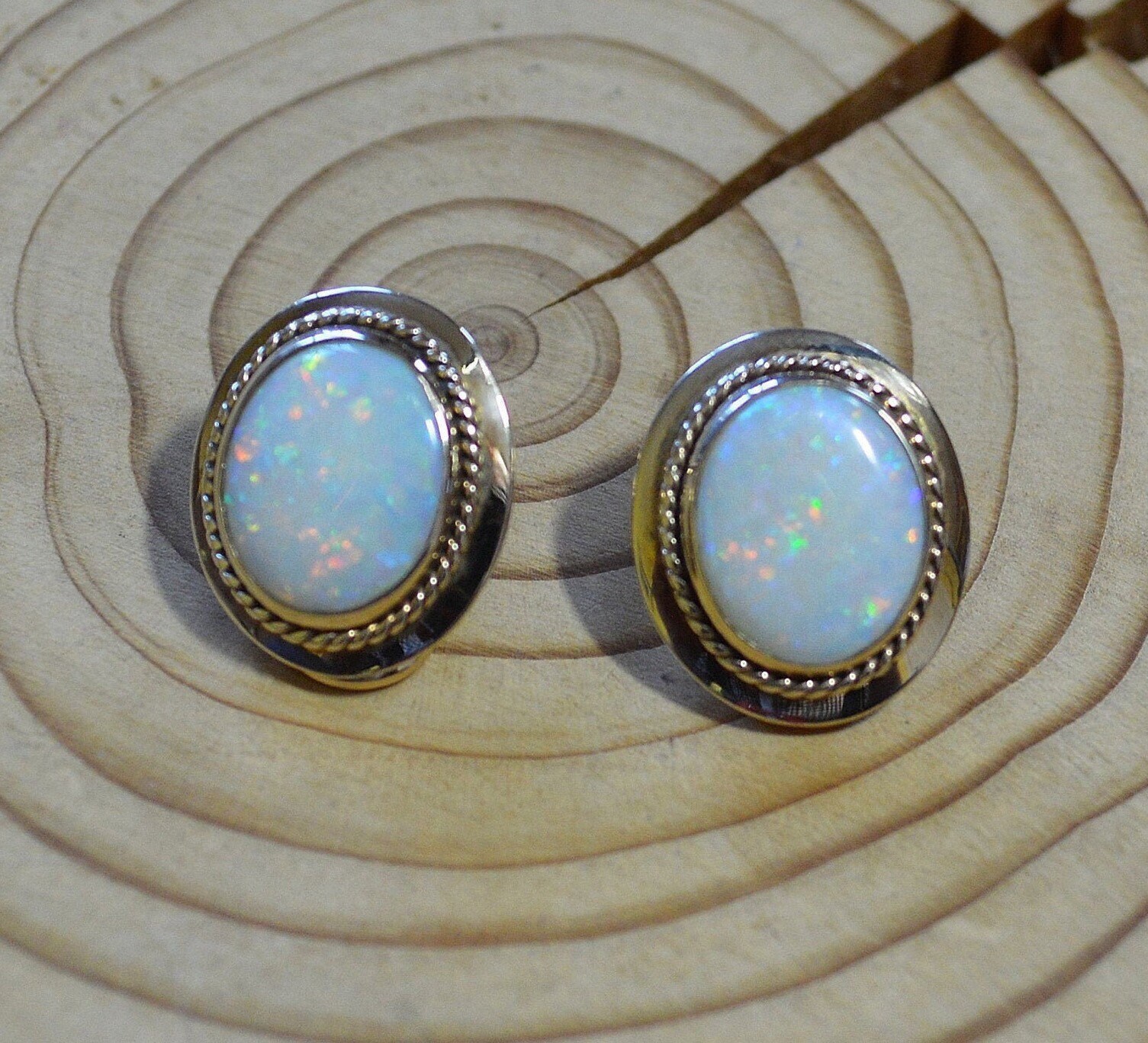 Large 9ct Gold Opal Clip on Earrings, non pierced ears