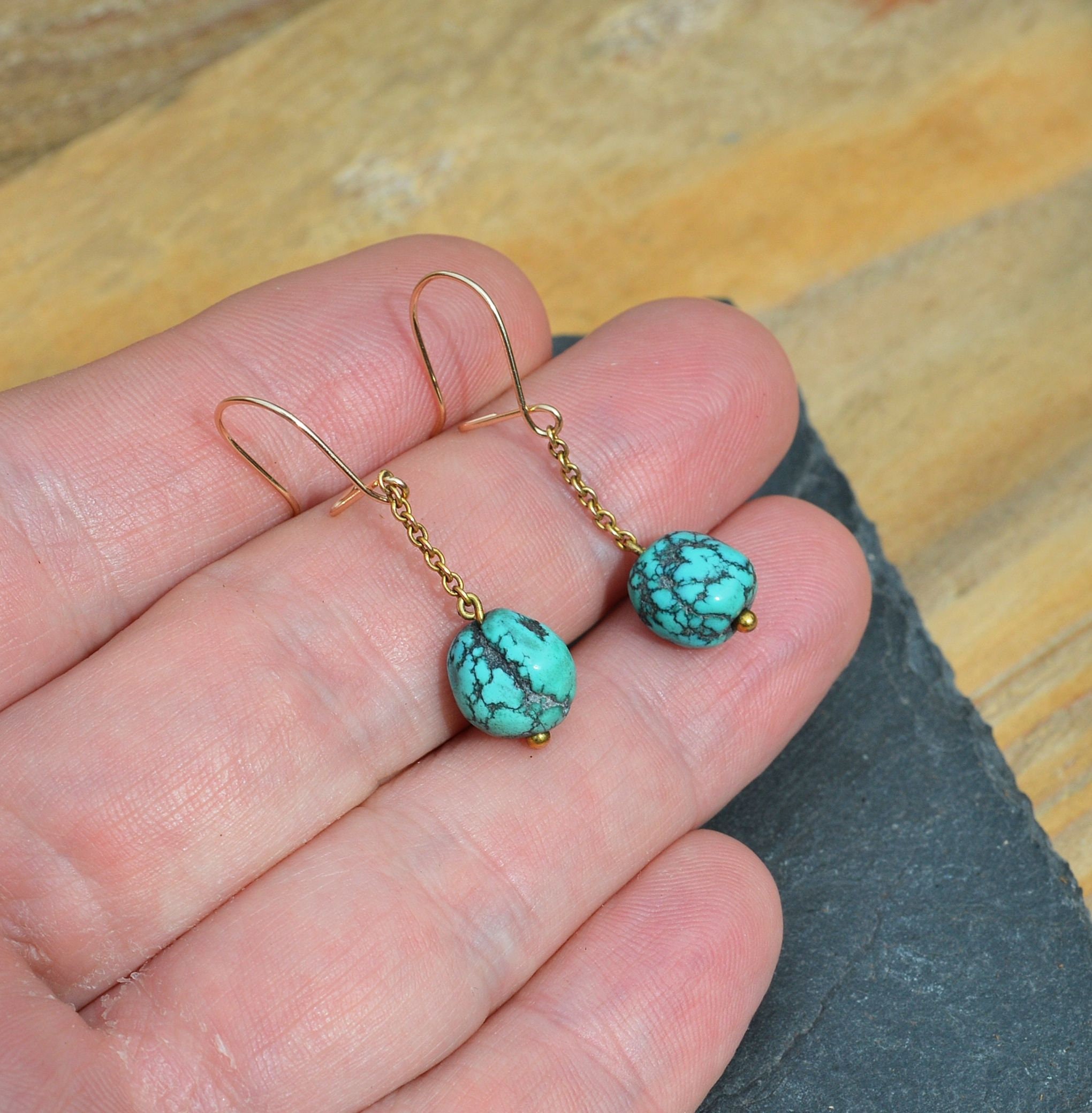 Antique Ct Gold Turquoise Earrings Blue Dangle Earrings Genuine