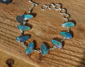 Sterling Silver Opal Bracelet, Australian Crystal Opal Triplets