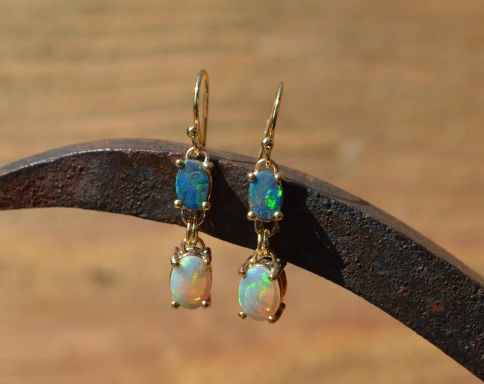 9ct Gold Crystal Opal and Doublet Drop Earrings