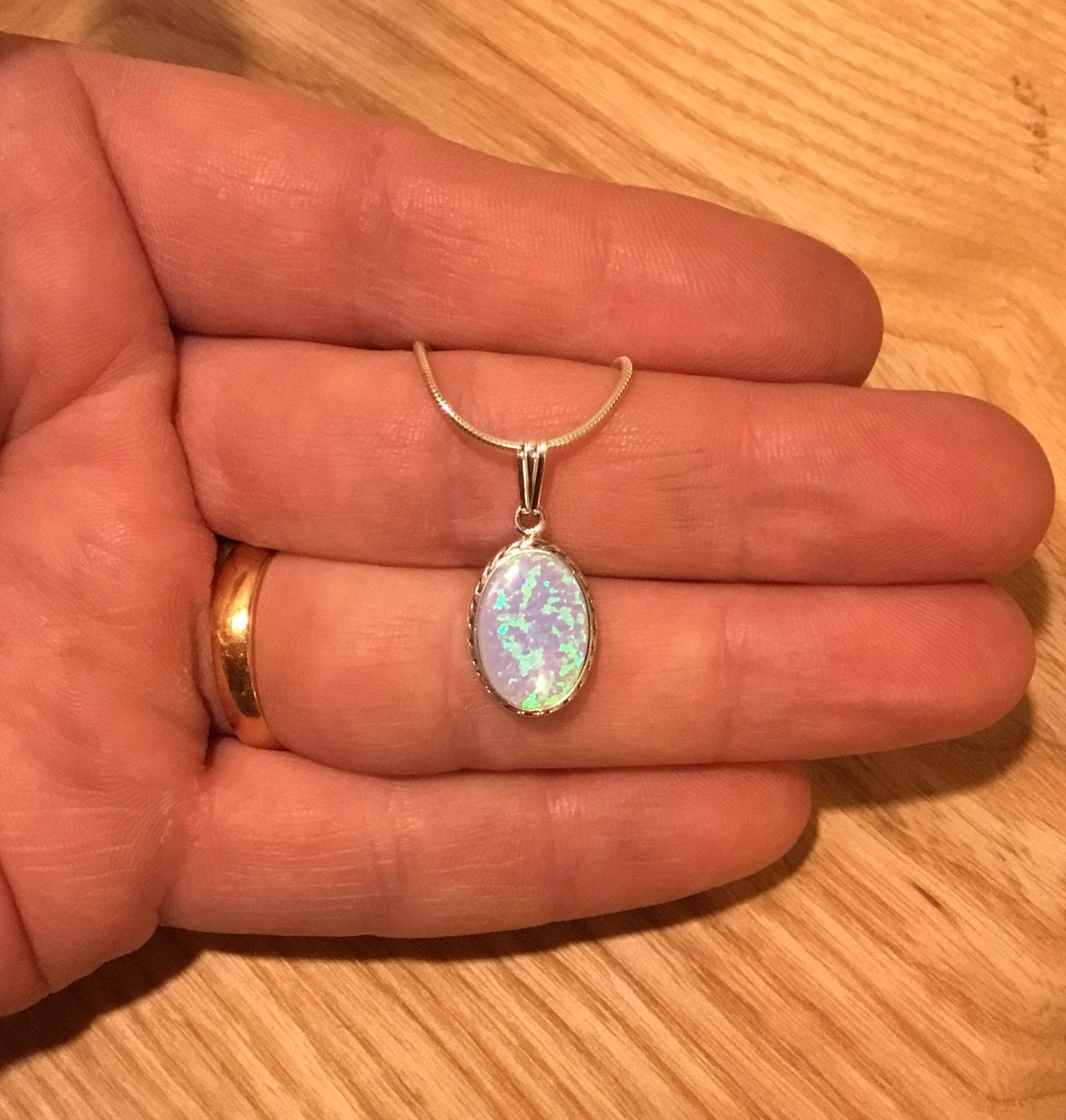 Sterling Silver Lab Opal Pendant and Chain